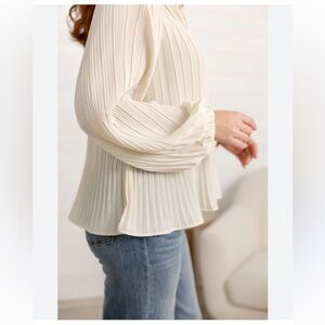 Umgee Cream Pleated Blouse with Long Sleeves